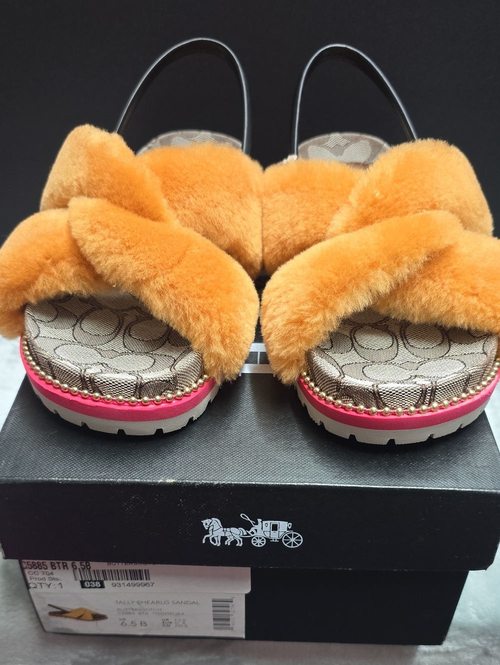 Coach Orange Fur Crisscross Slide with Pink Accent and Signature Monogram